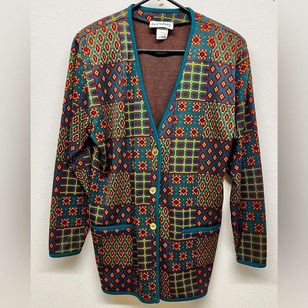 Vintage Eccobay Half Front 5 Button Colorful Eclectic Cardigan Size S